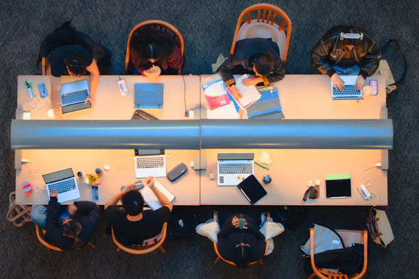 Students studying together at a long table