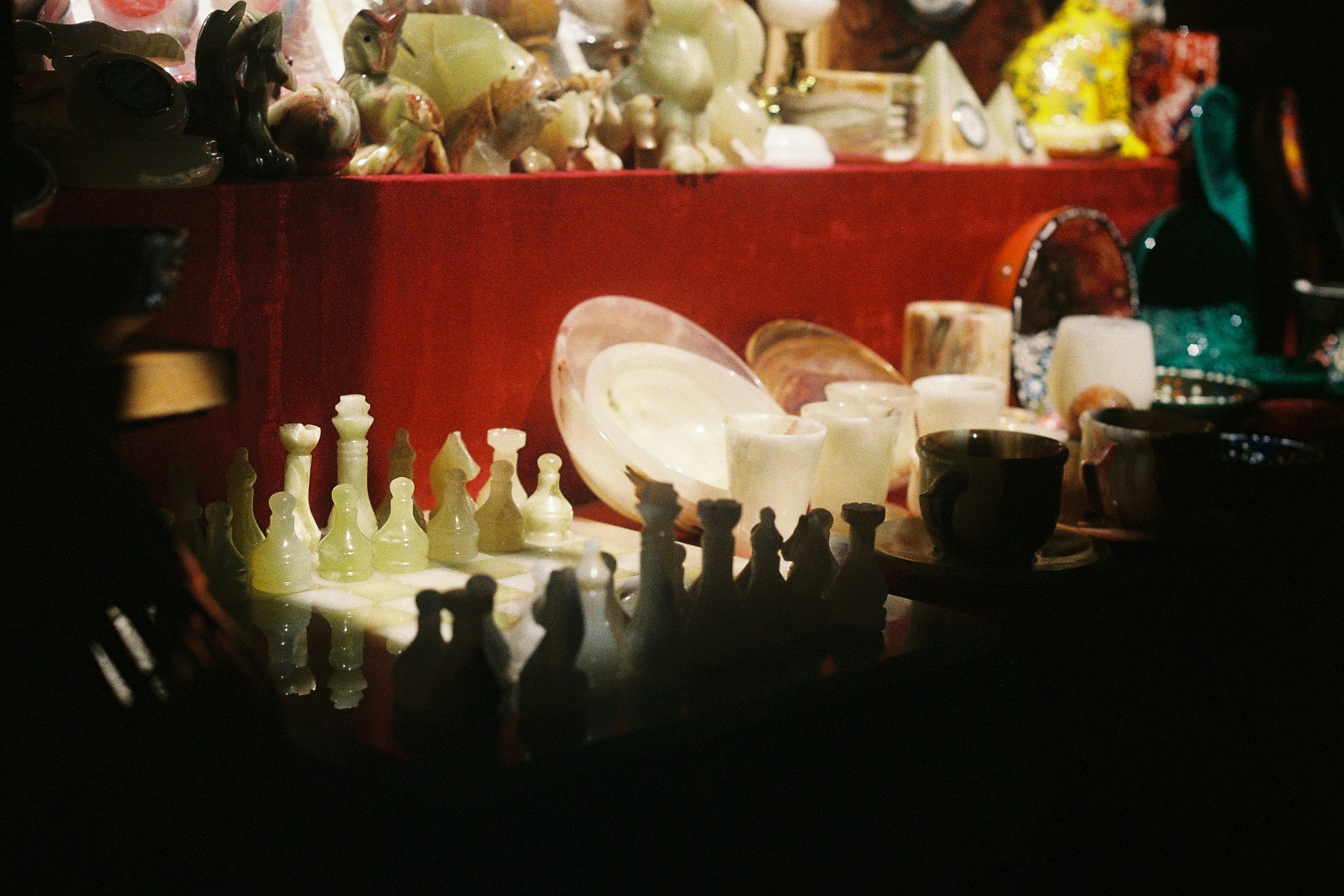 Assortment of glass bottles and decorative objects