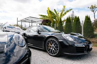 Several black luxury sports cars parked outdoors.