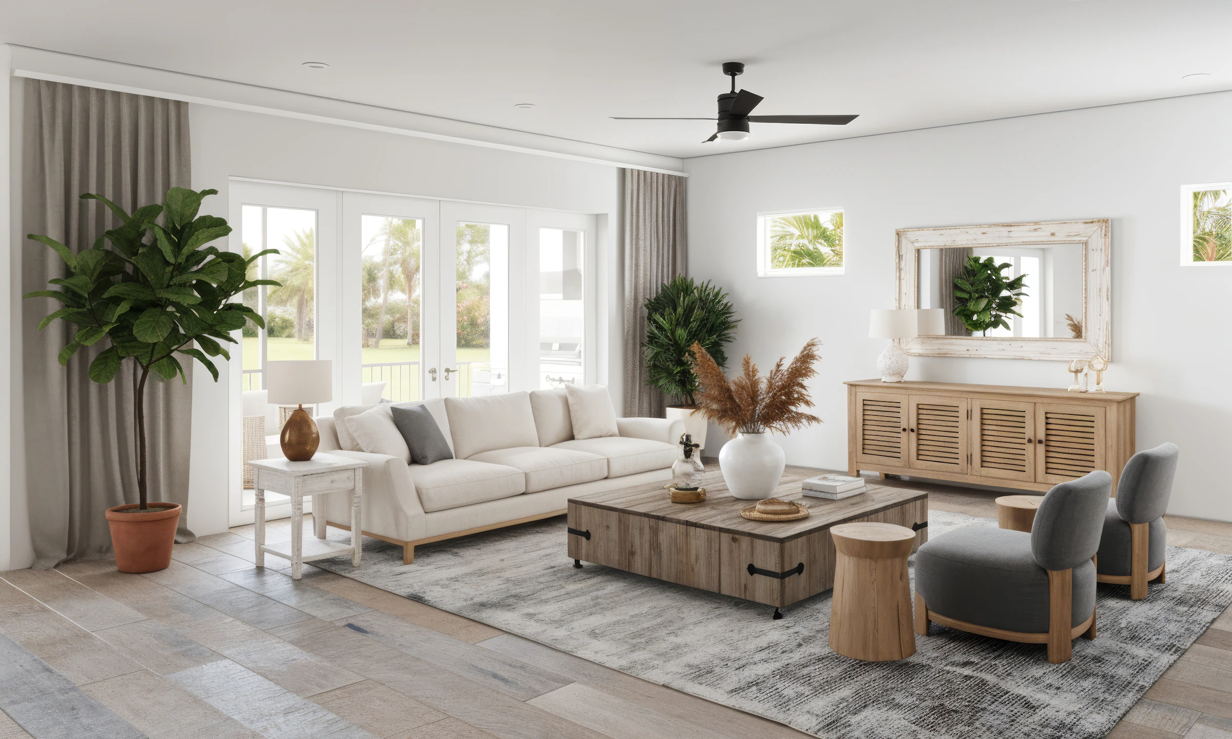 Modern neutral living room with organized home decor and storage furniture