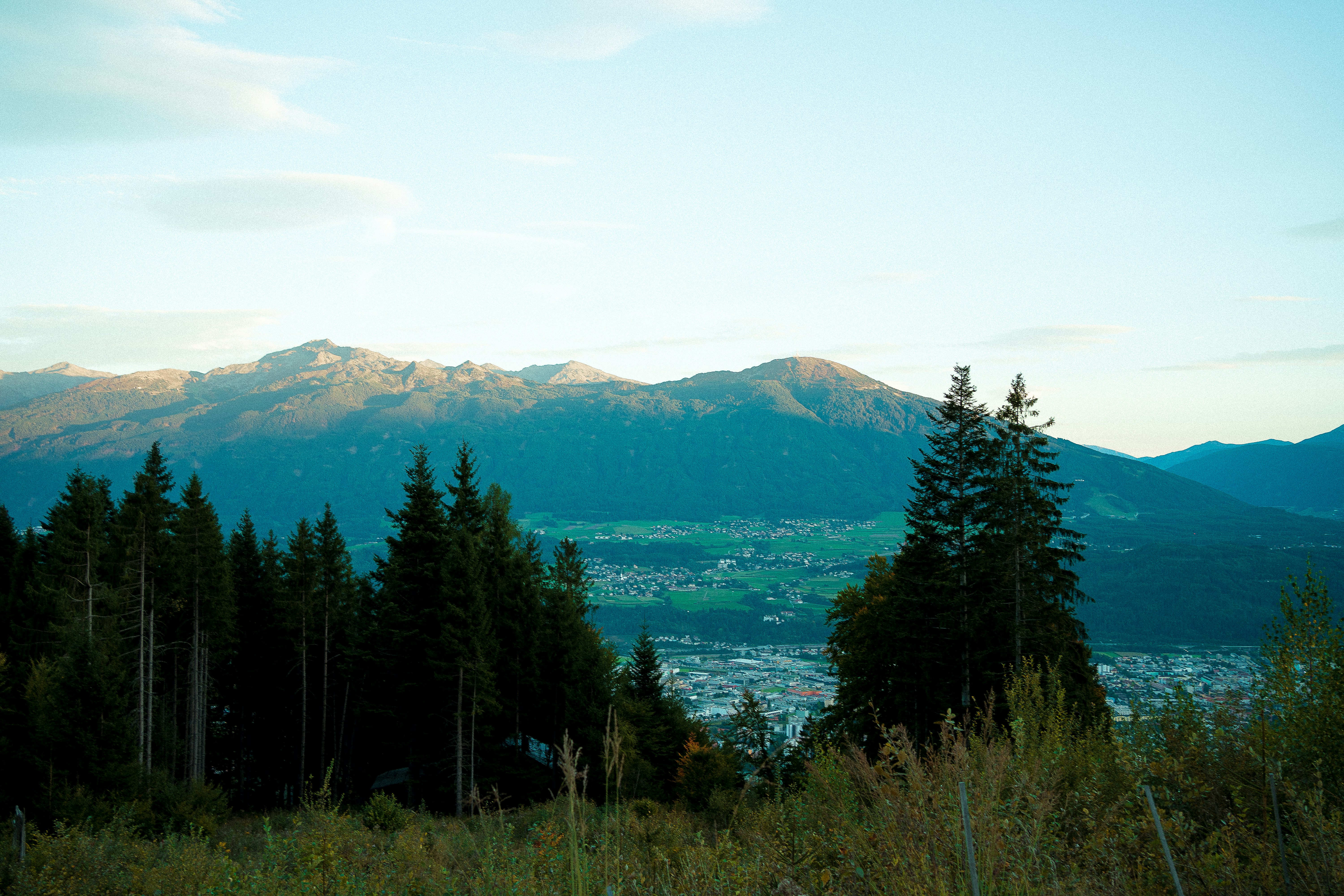 Mountain village nestled between evergreen trees