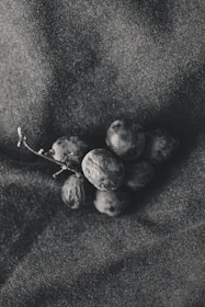 A bunch of grapes rests on a textured surface.