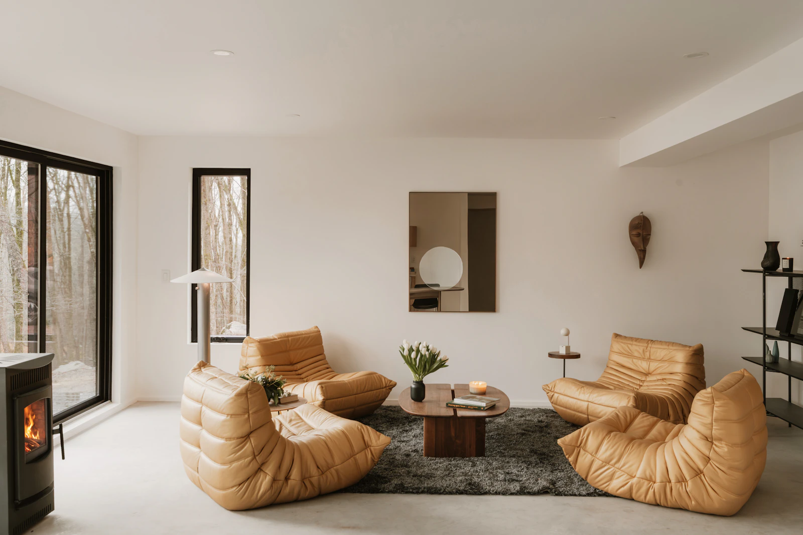 Modern luxury living room with warm textures and natural light