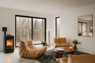 Modern living room with fireplace and forest view