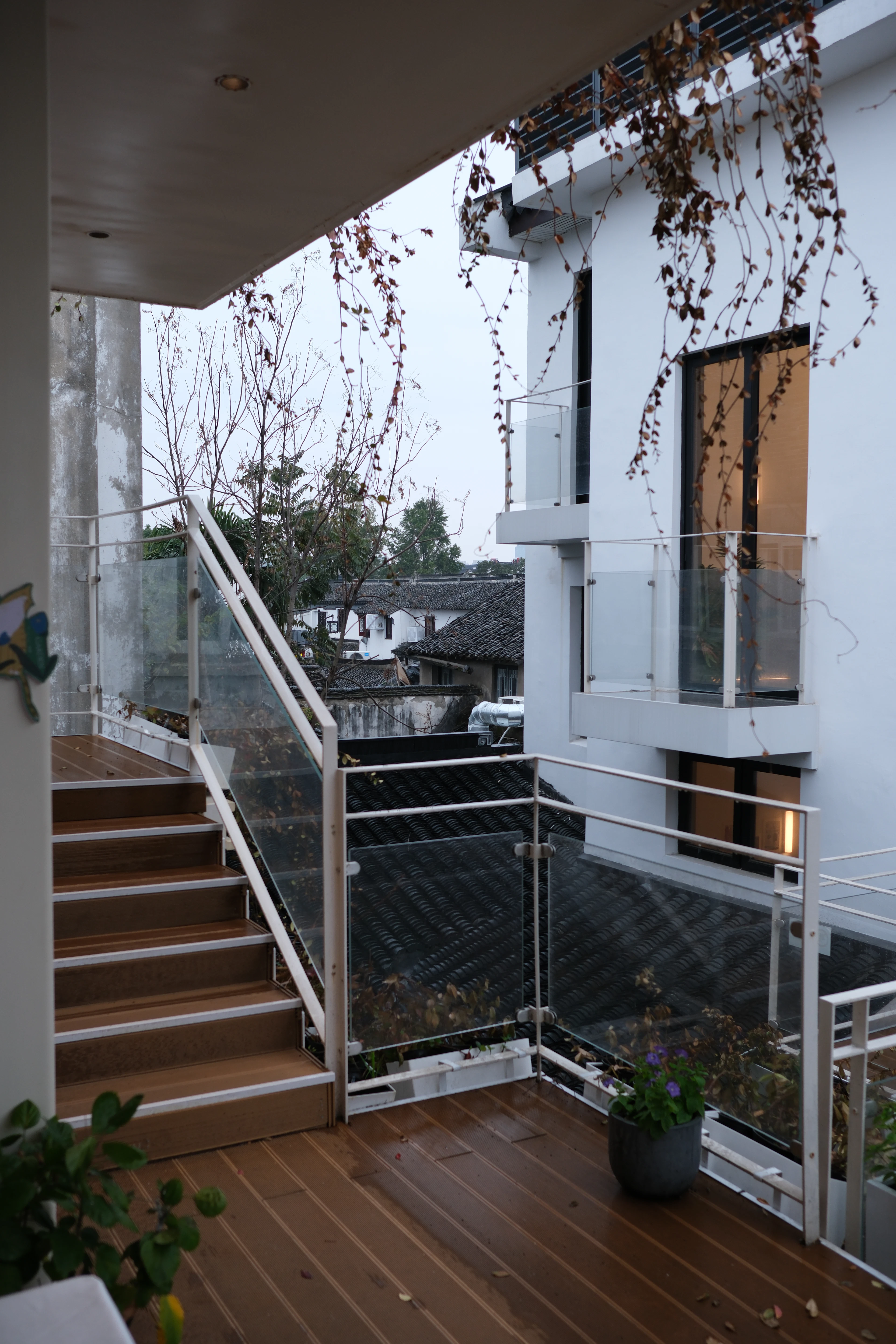 Modern staircase with glass banister