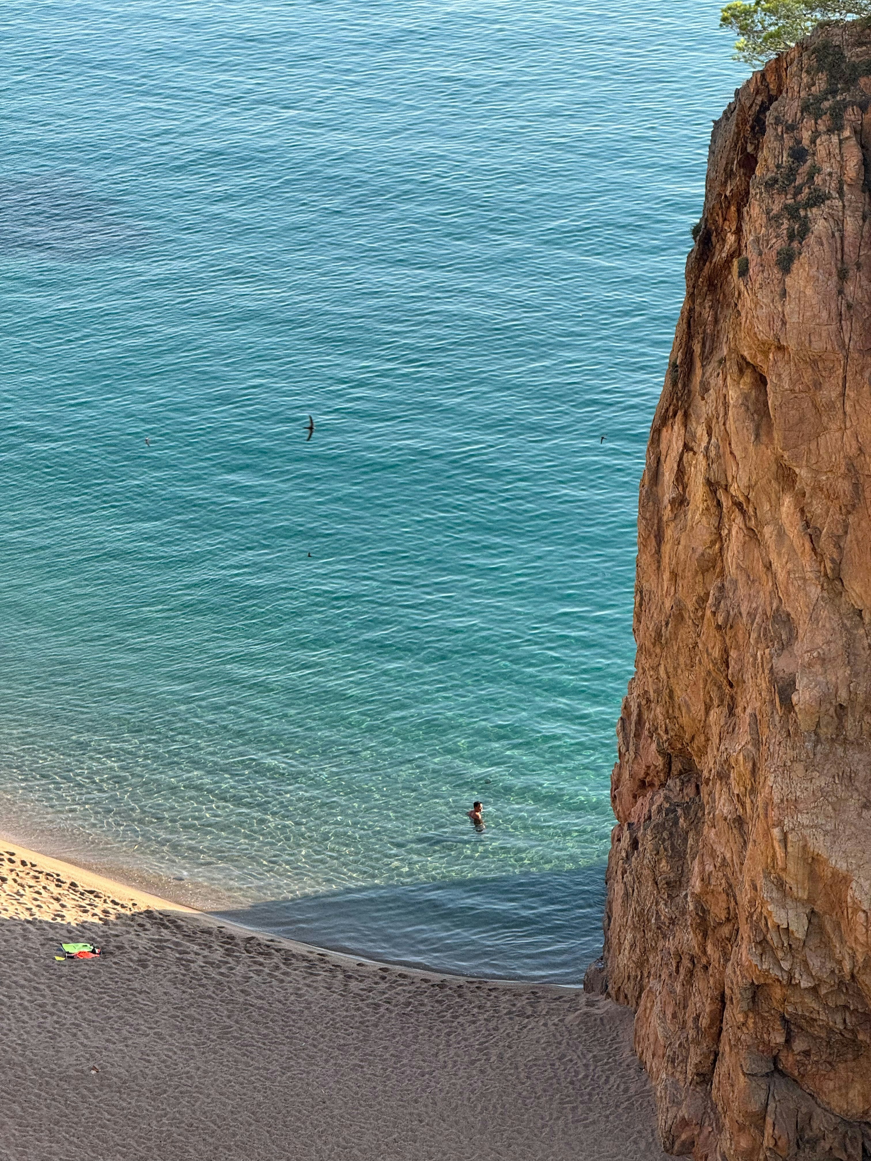 바위 절벽 근처의 맑은 청록색 바다에서 수영하는 사람들.