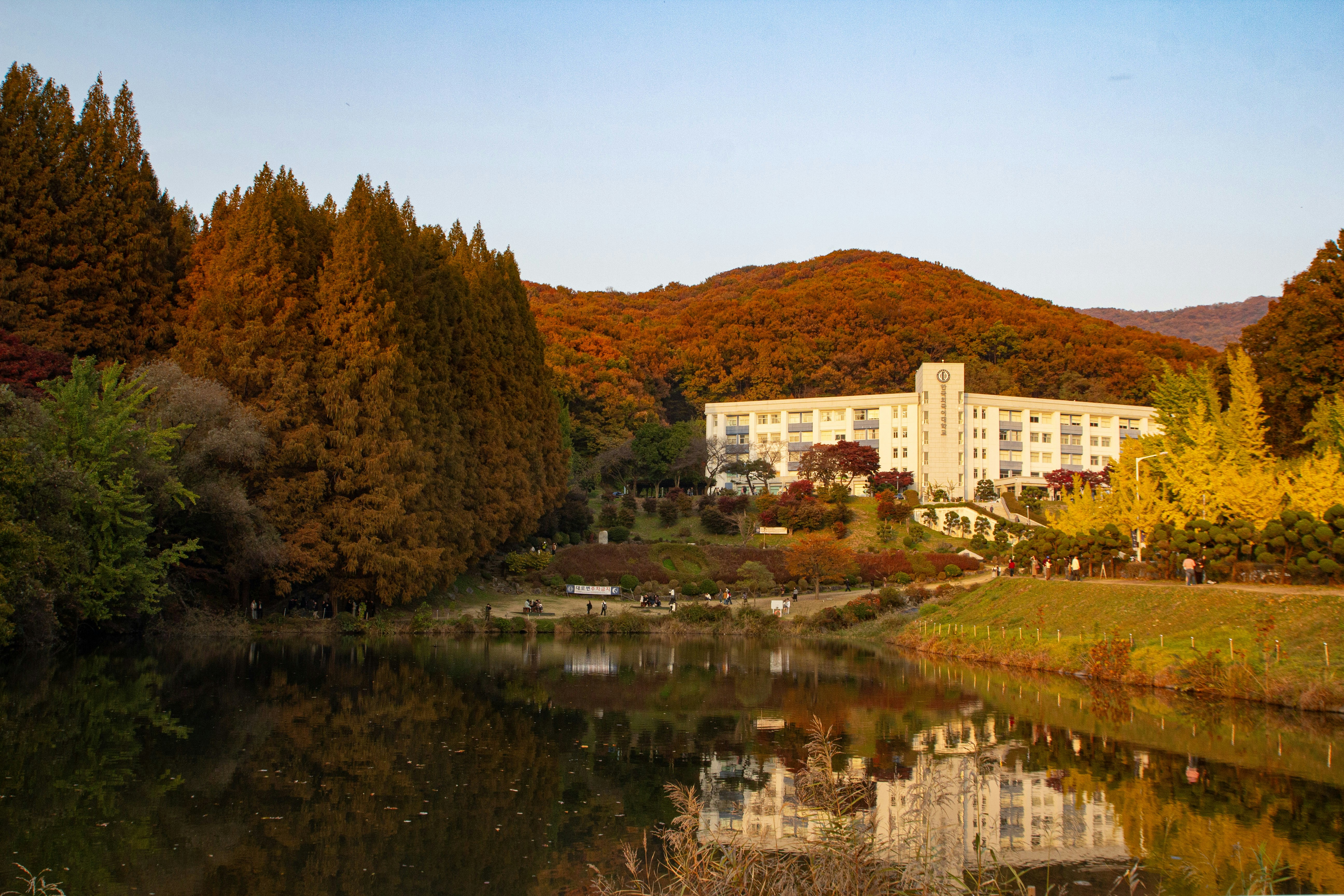 Building reflected in a calm lake during autumn.