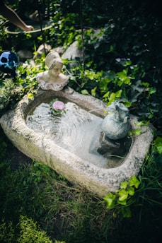 Stone birdbath with statue and frog decoration