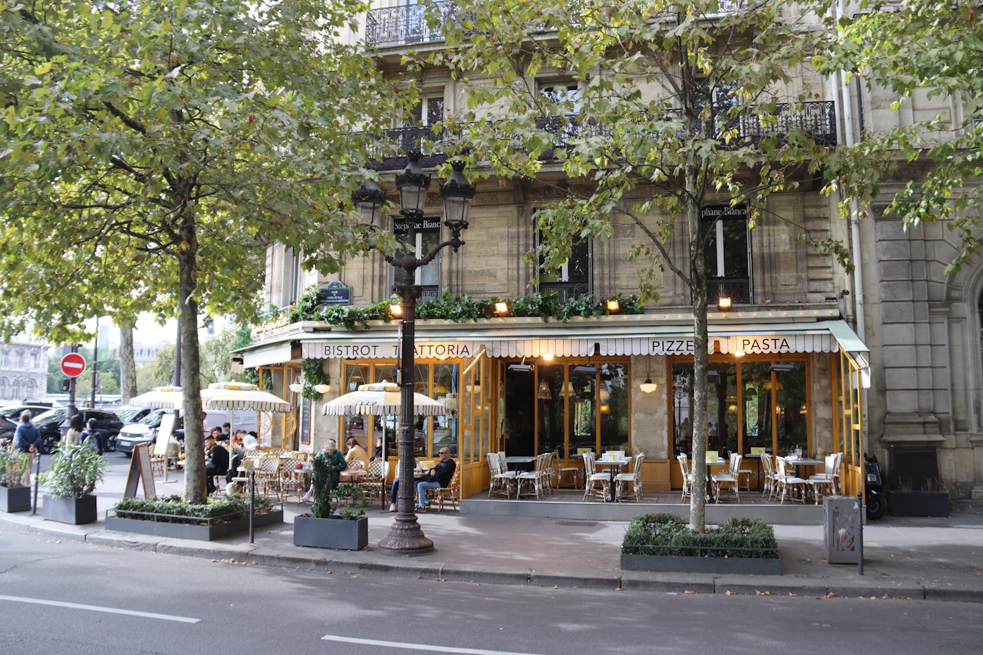 A Parisian café terrace on a tree-lined street