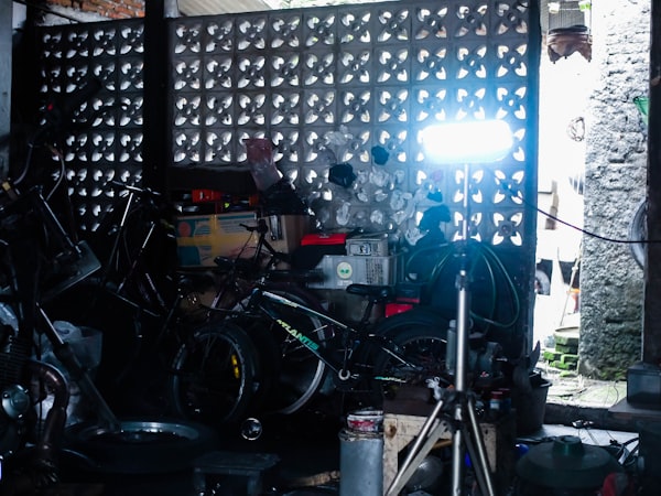 Bicycles and equipment inside a workshop