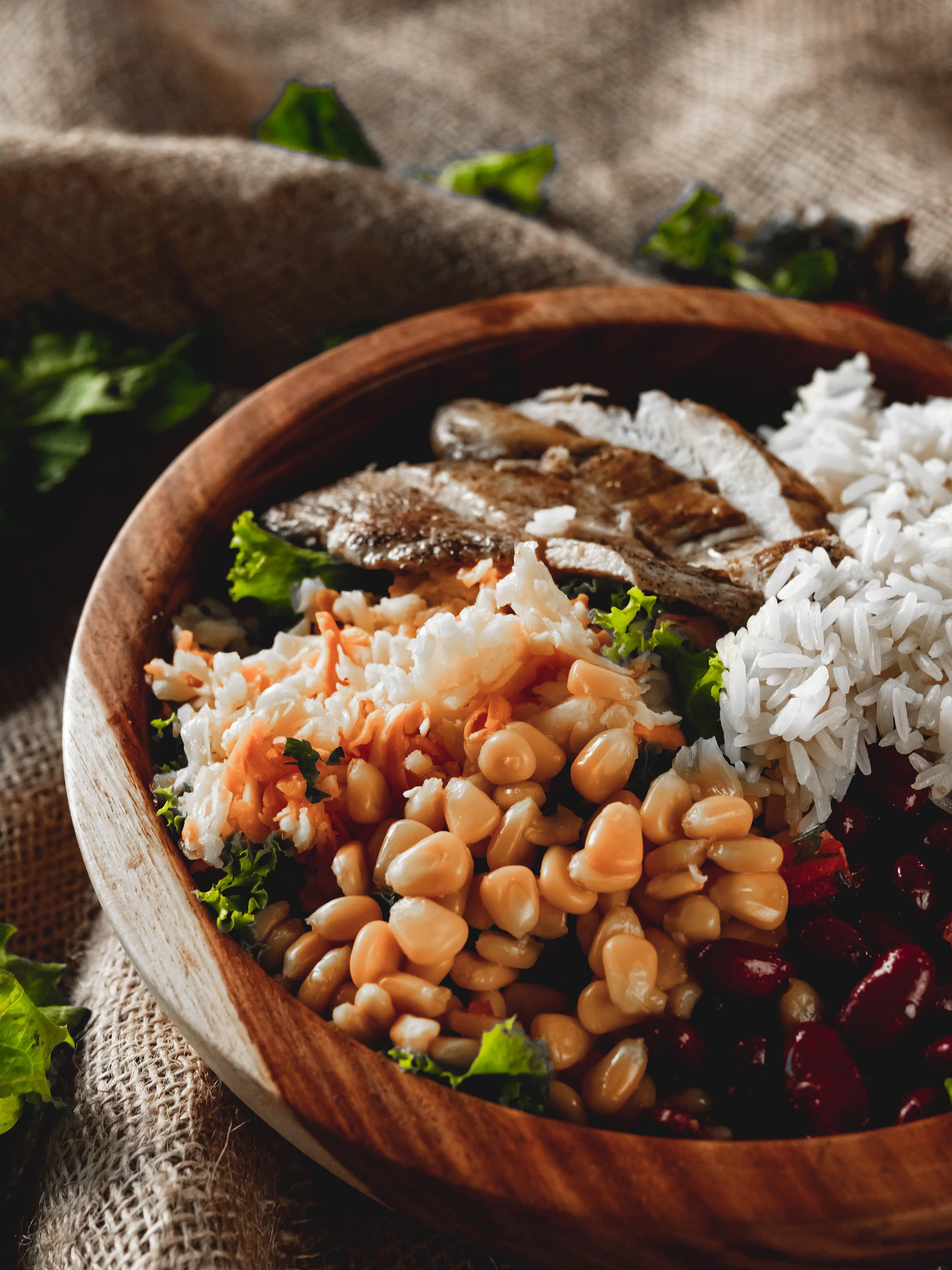 Chicken, rice, beans and corn bowl