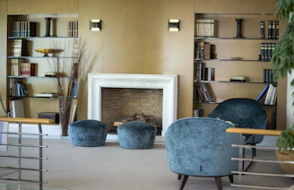 Cozy living room with fireplace and bookshelves