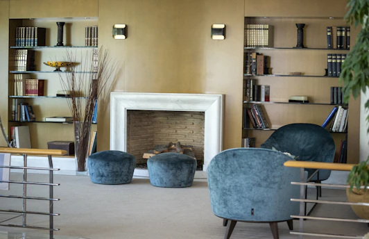 Cozy living room with fireplace and bookshelves