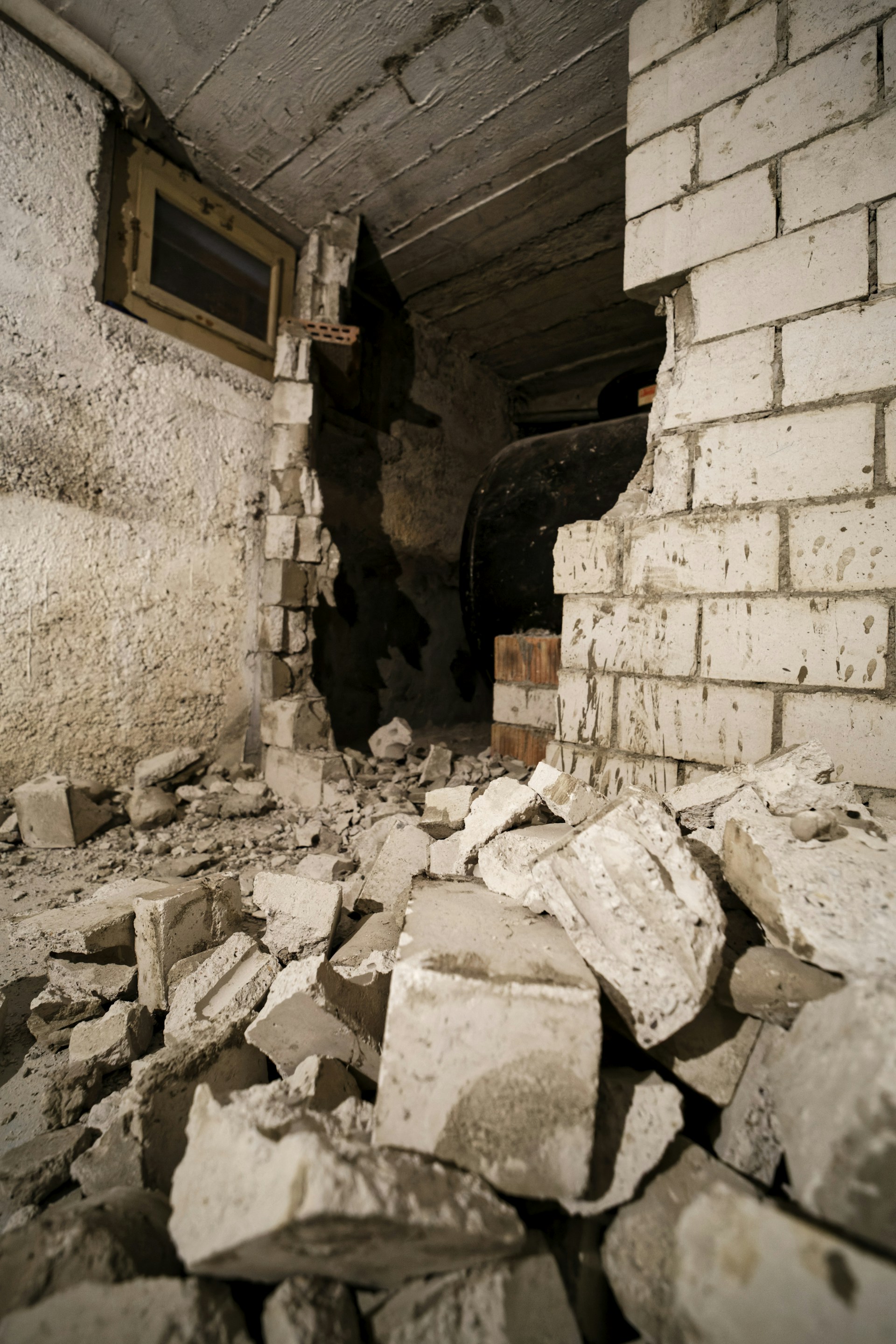 Debris from a broken brick wall in a dark room.