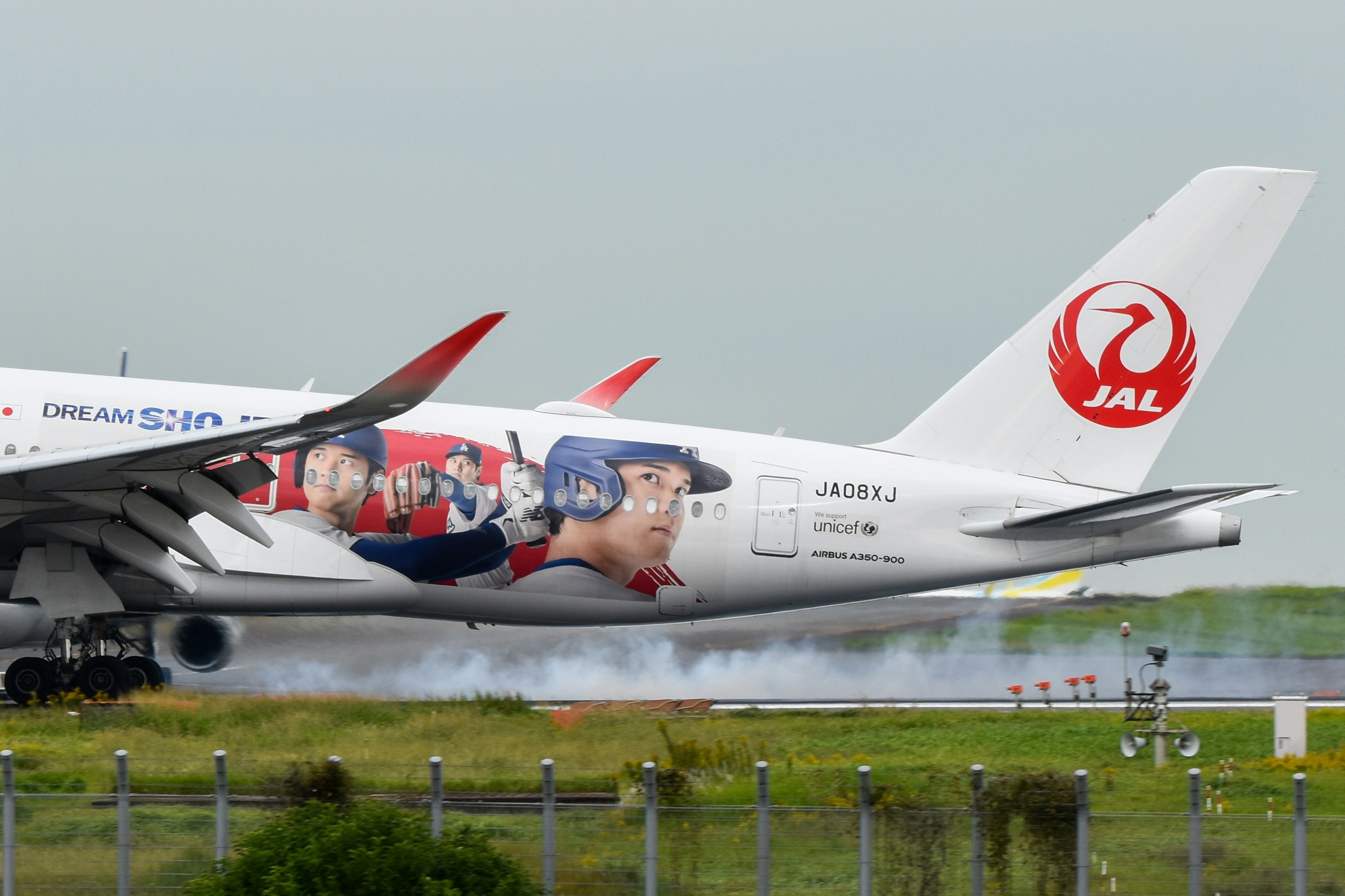 A JAL airplane with baseball player livery lands on runway