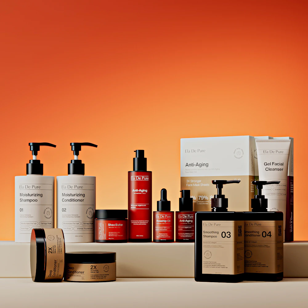 Skincare and hair care products in warm colors for a fall beauty refresh
