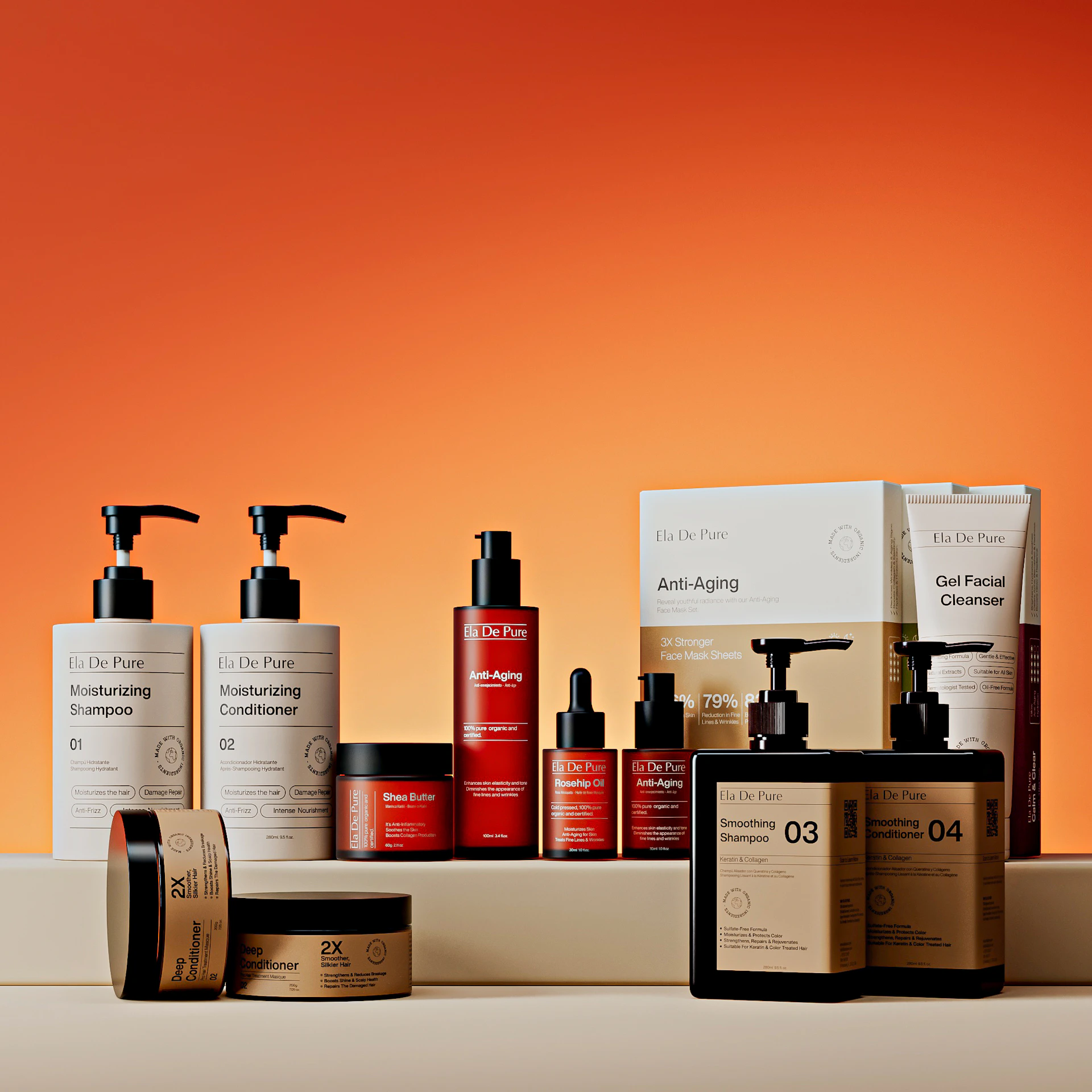 Assortment of skincare products on orange background