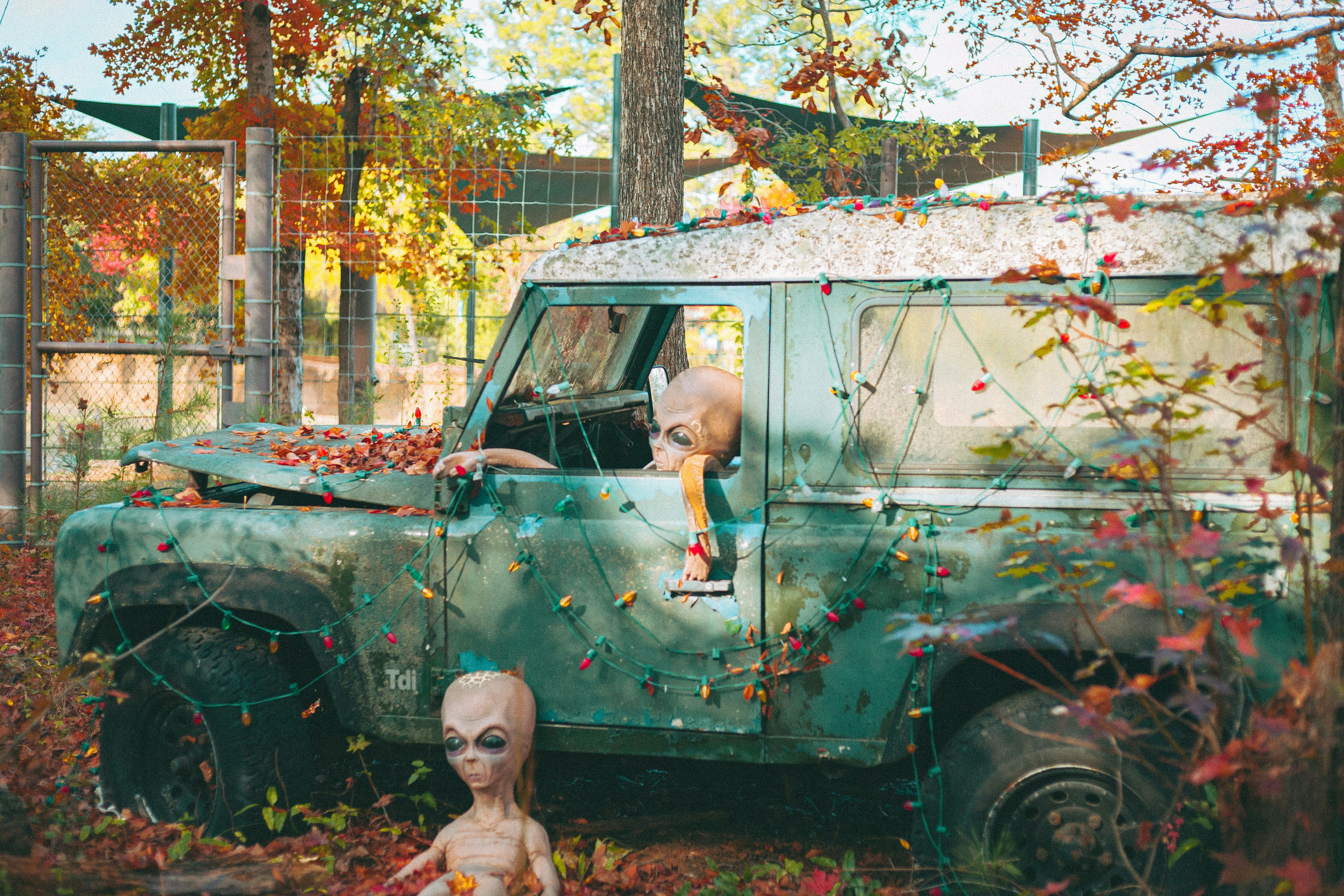 Aliens near a derelict vehicle in autumn foliage