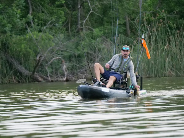 Angler in a cap, sunglasses and gray life jacket pedaling a gray fishing kayak along a reedy bank, rods and an orange flag standing behind the seat