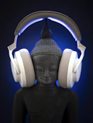 Buddha statue wearing modern headphones with blue light