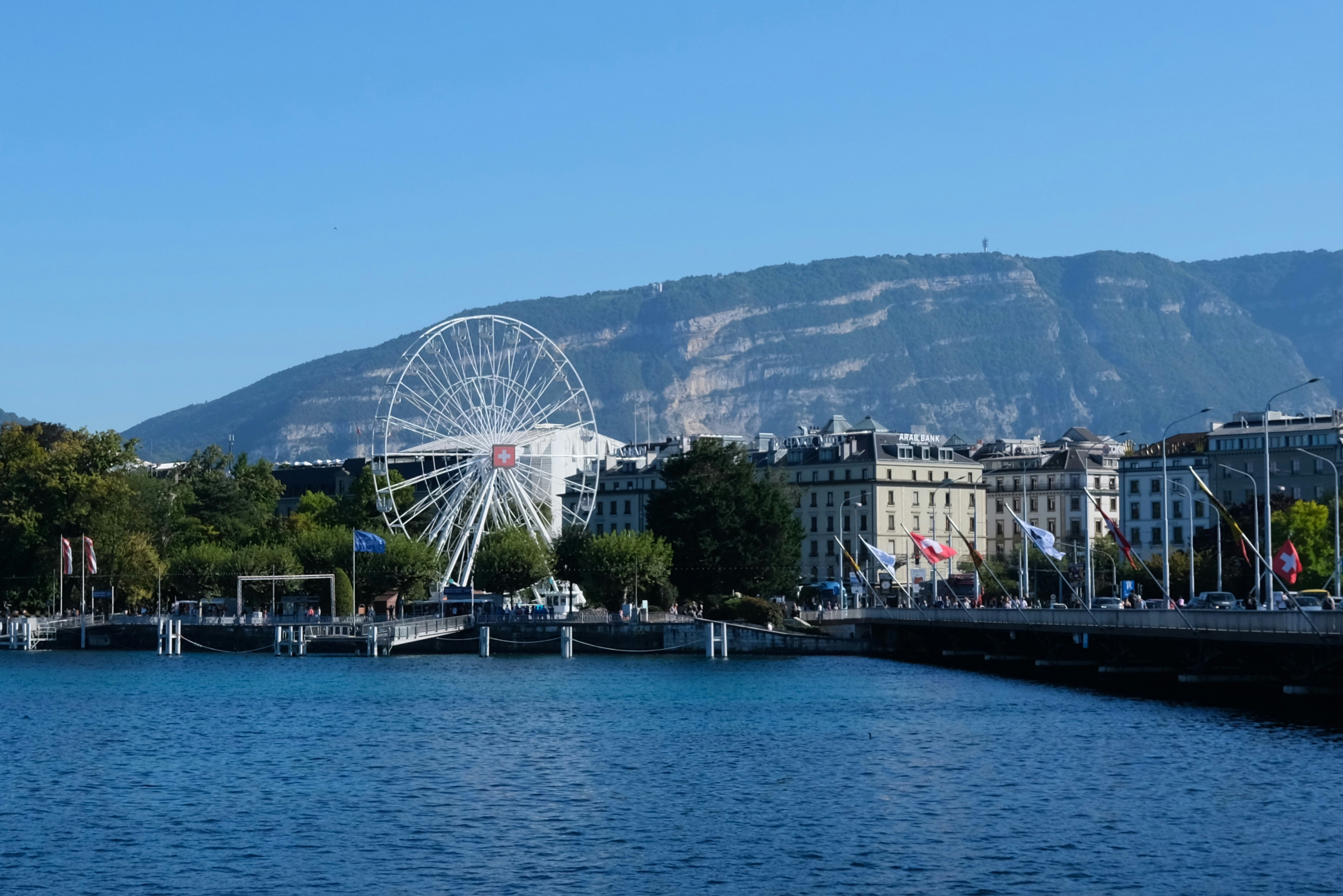 Ferris wheel overlooking a city and lake