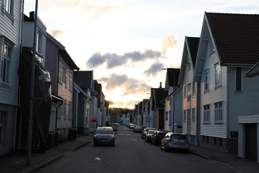Street lined with houses at dusk