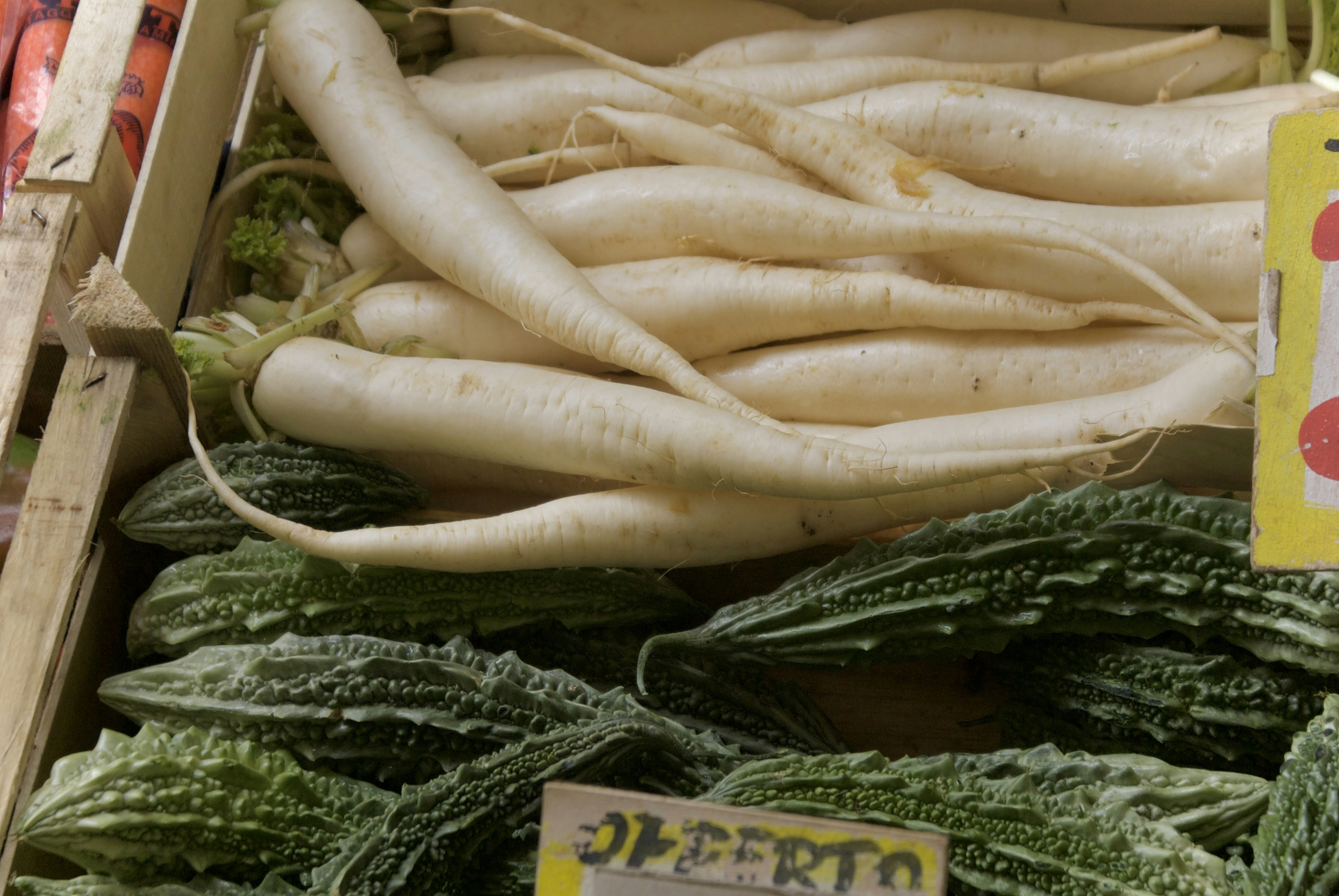 White radishes and bitter melons in a crate.