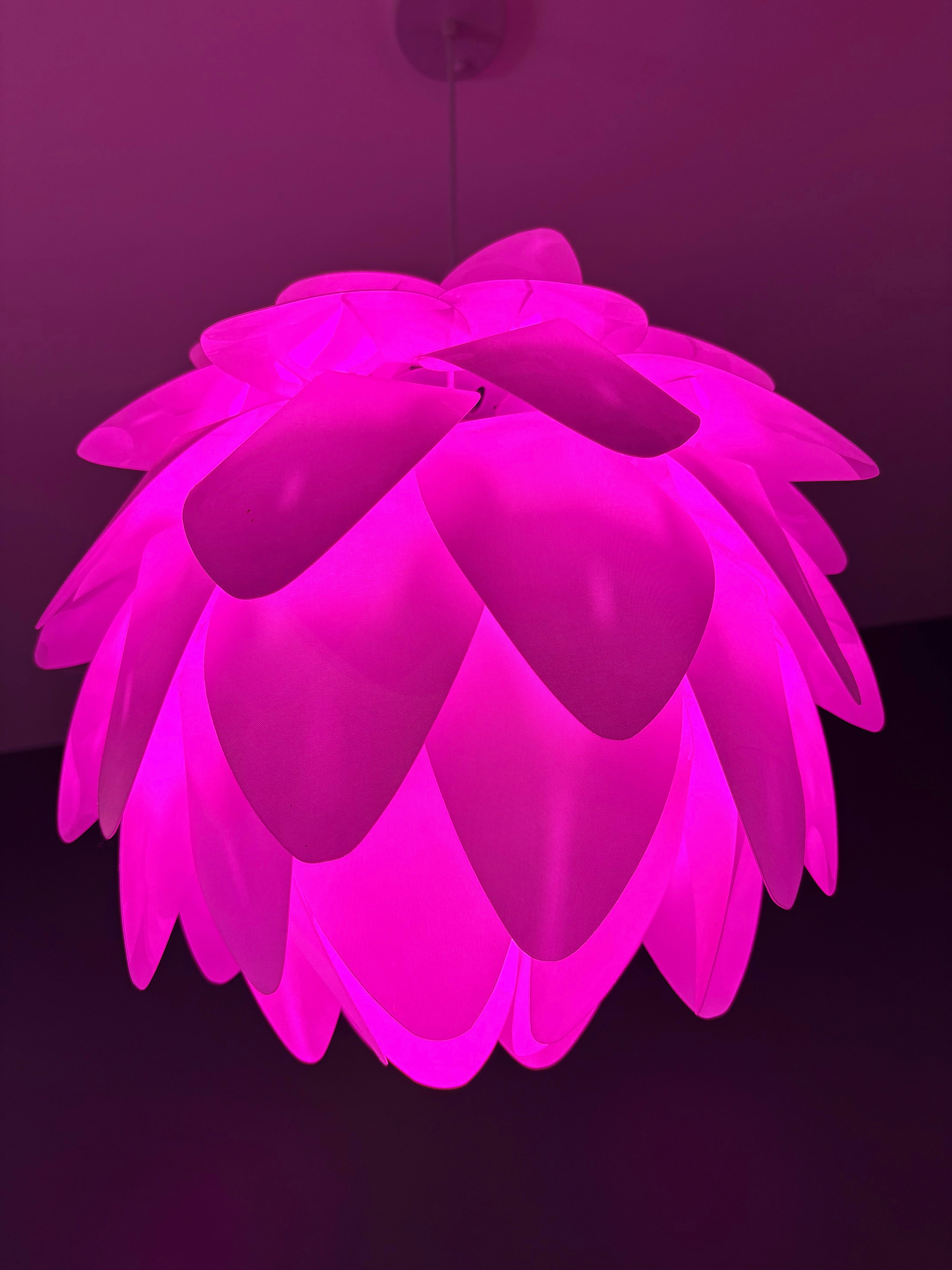 A pink lotus-shaped hanging lamp glows brightly lit from within.