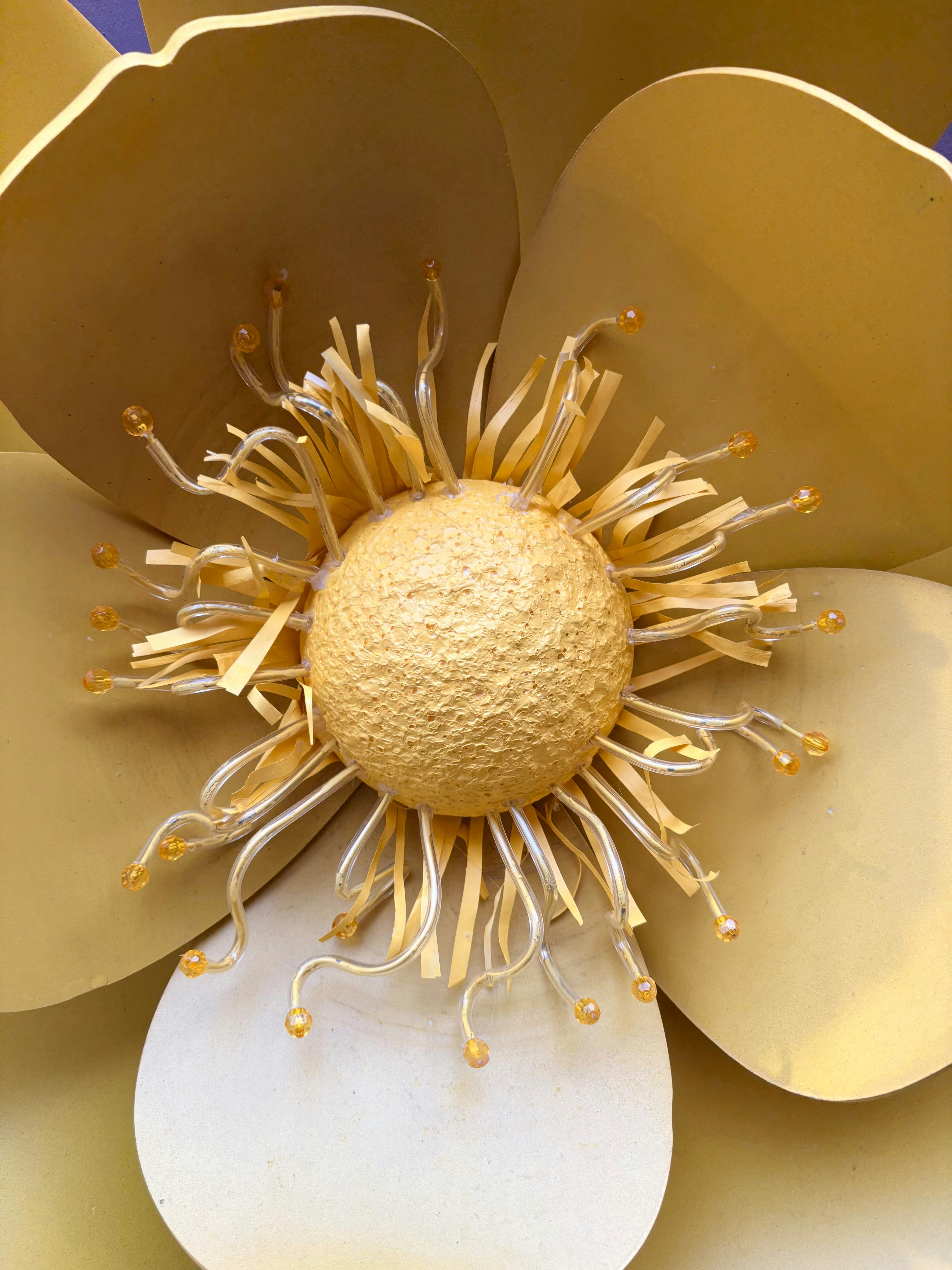 Close-up of a large yellow artificial flower center.