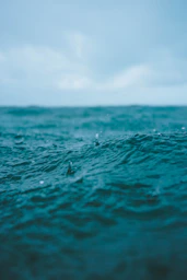 Raindrops falling on choppy blue ocean waves