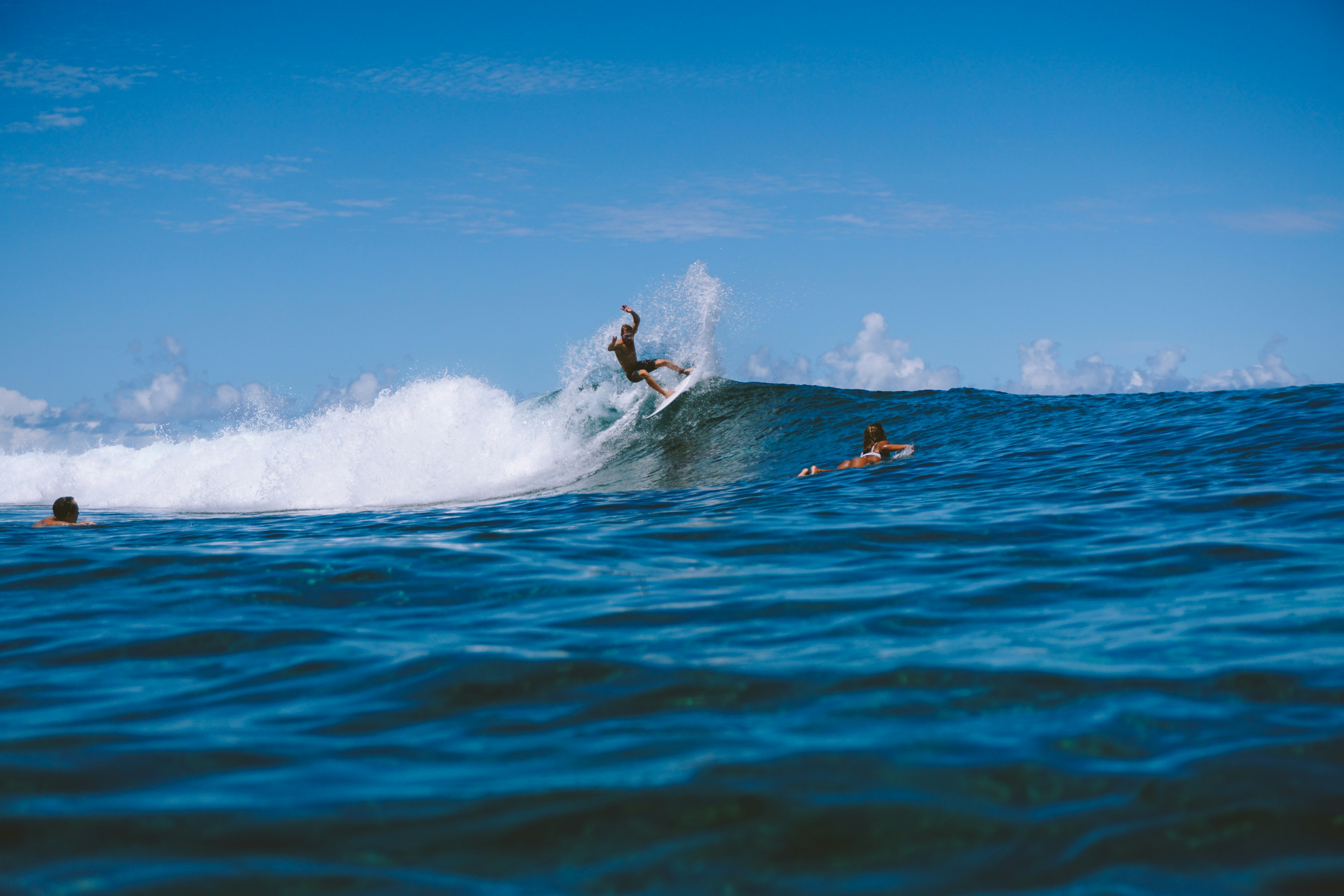 Surfeur surfant sur une vague sous un ciel bleu clair.