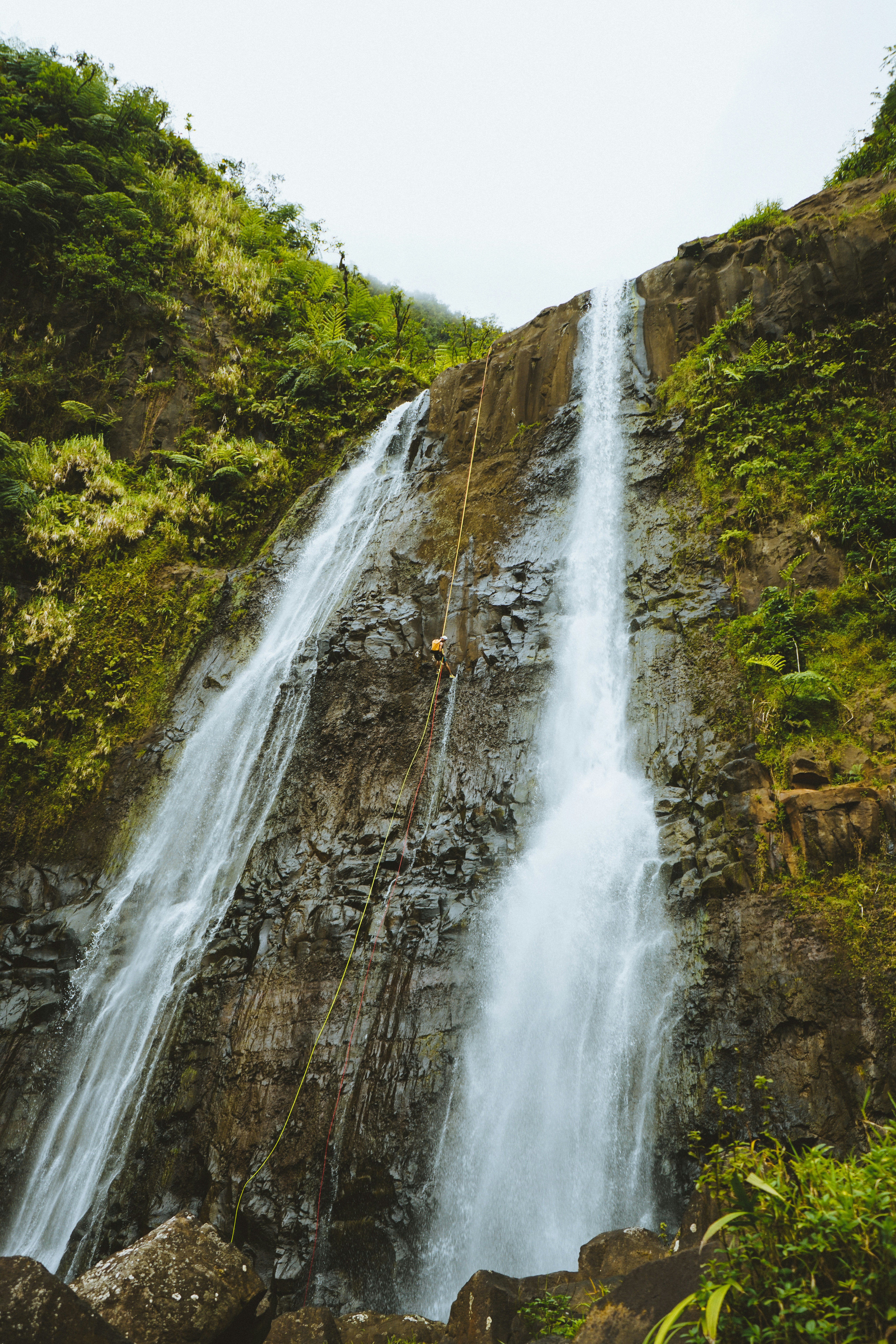 Personne descendant en rappel une grande cascade entourée de verdure