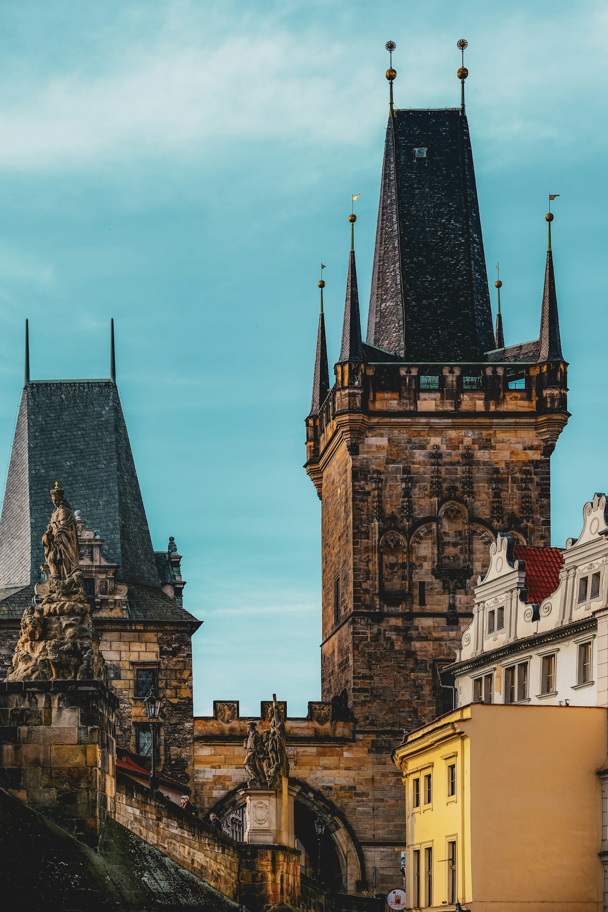 Historic stone towers and buildings, European gothic architecture