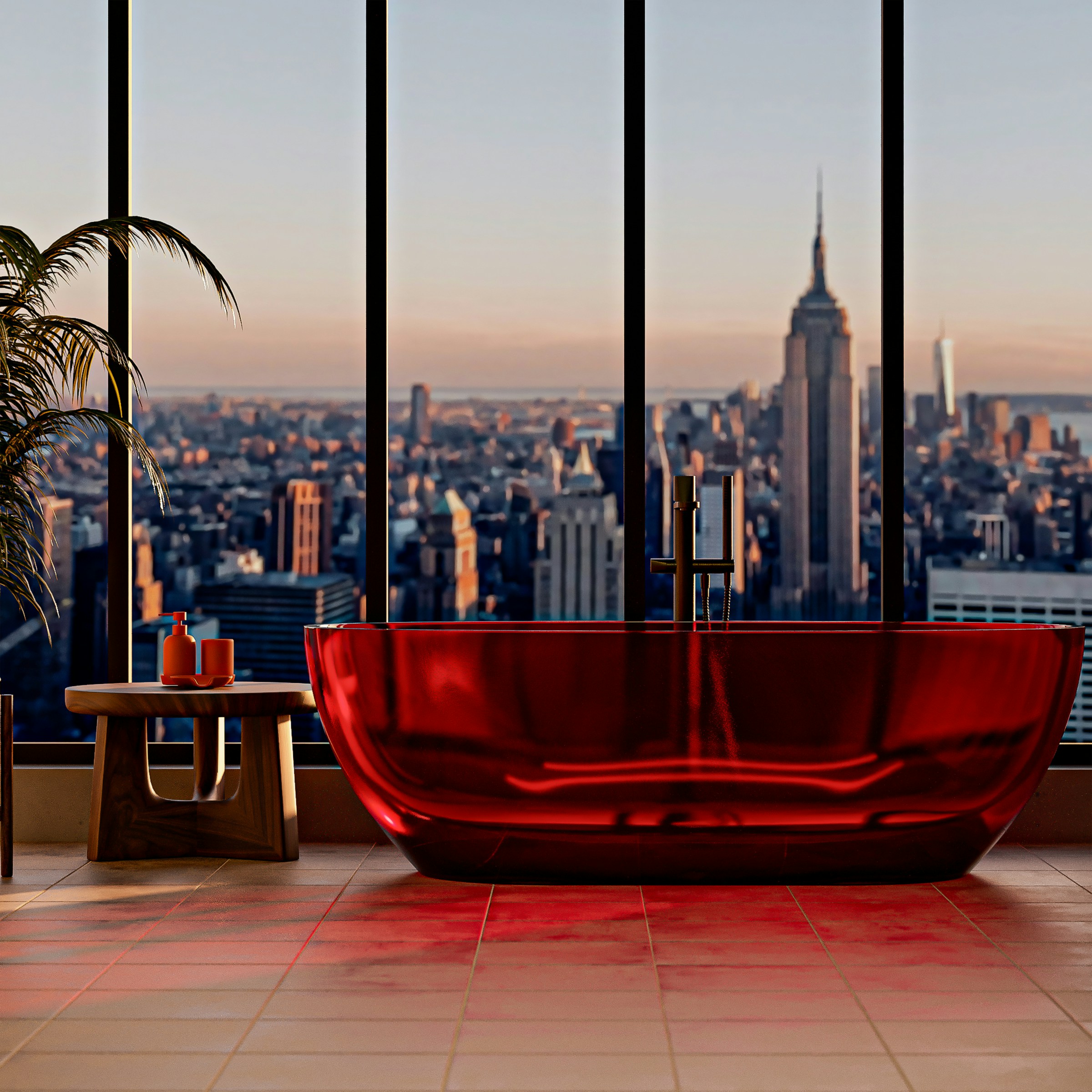 Modern red bathtub with city view at sunset