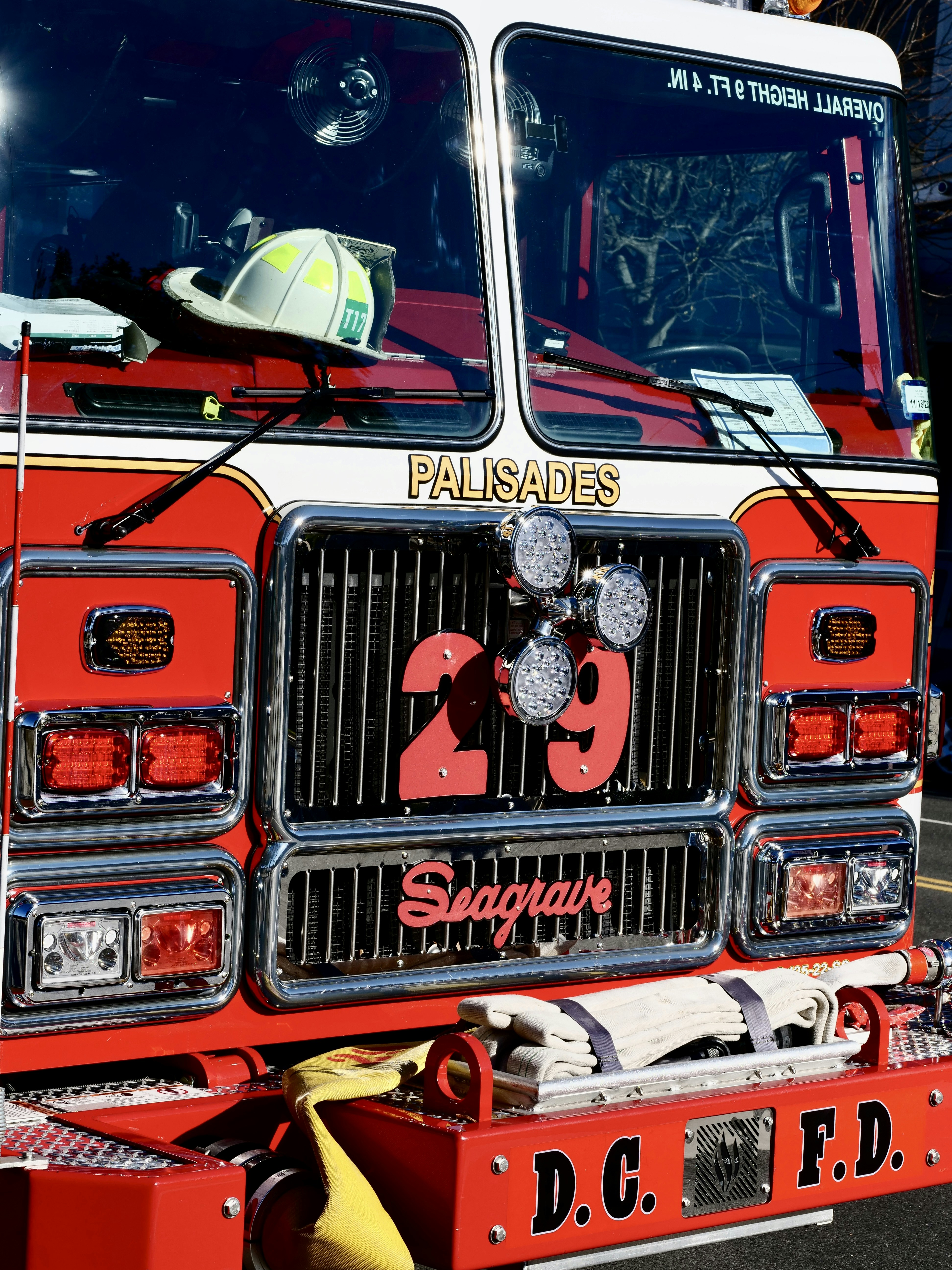 Front of a red fire truck with number 29