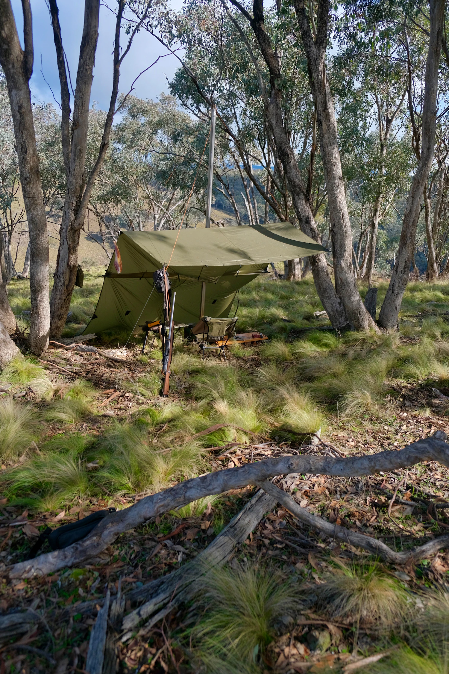 Tarp shelter, camping chair and practical equipment arranged at a forest campsite