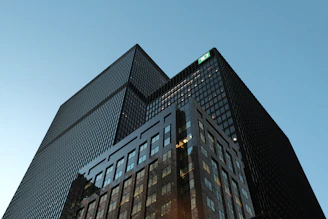 Modern skyscrapers against a clear blue sky