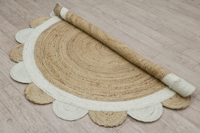 A half-rolled circular braided cotton rug on a wooden floor