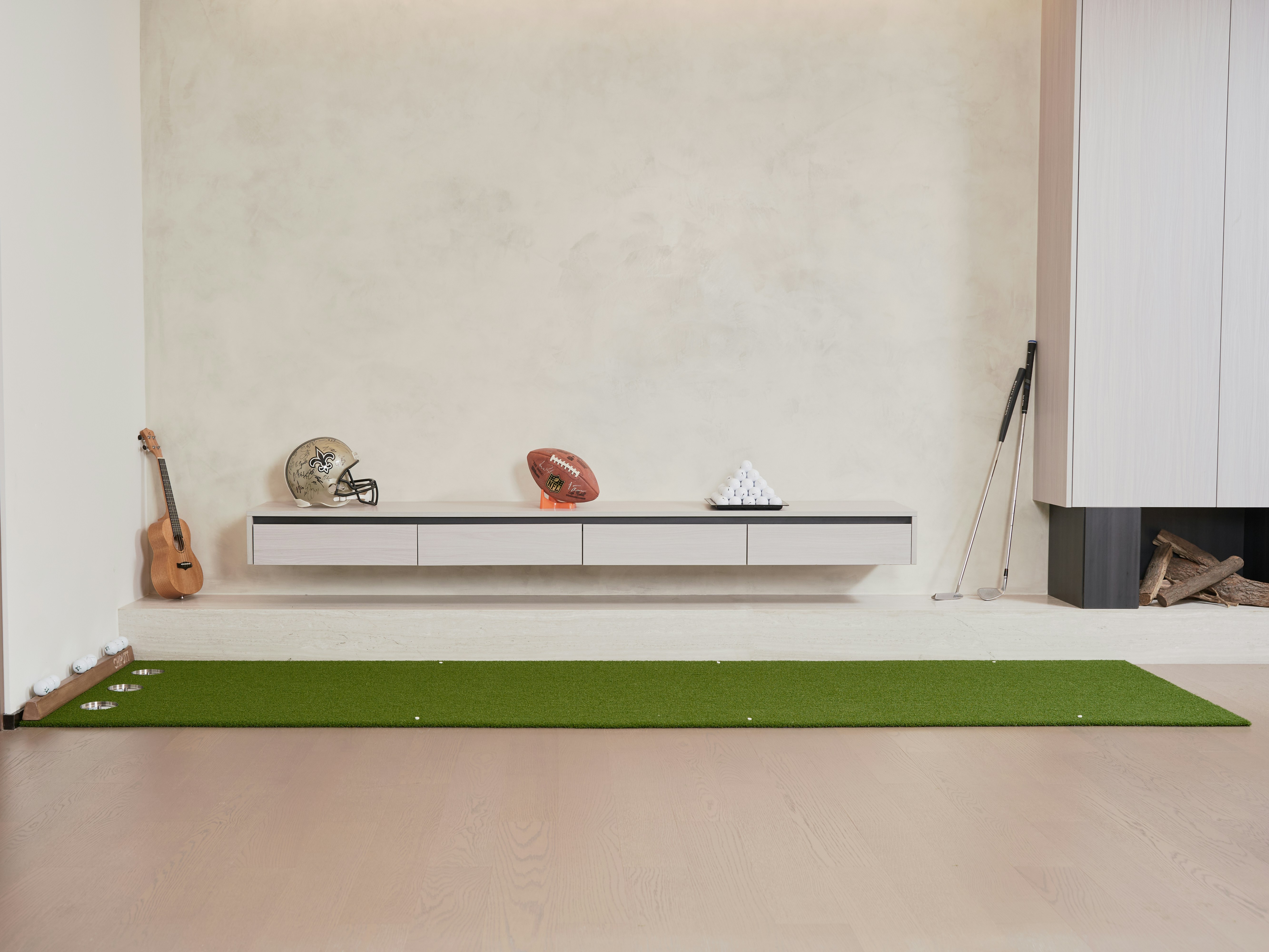 Modern living room with sports memorabilia and music decor