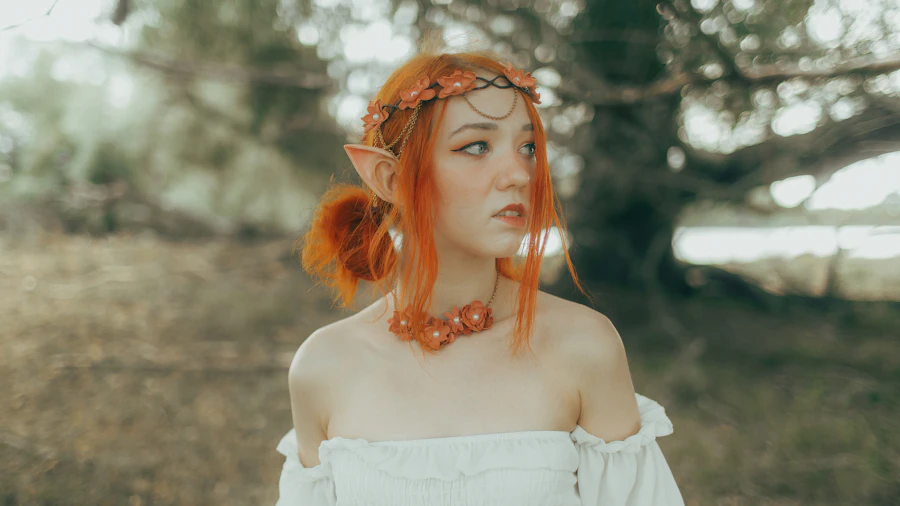 Fantasy character with flowing red hair and flower crown in an enchanted forest