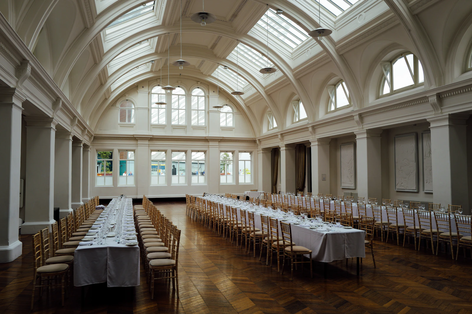Formal banquet hall arranged for a corporate or catered event