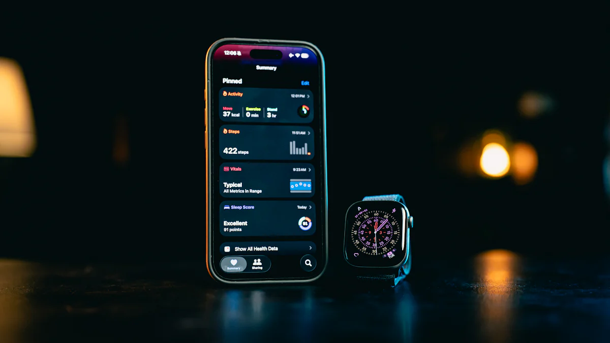 A smartphone showing a fitness summary screen next to a smartwatch on a dark table
