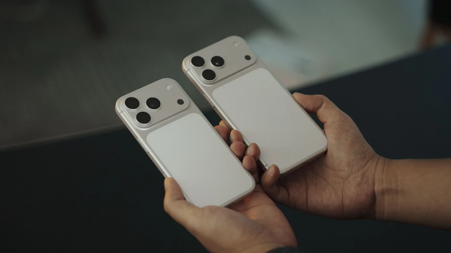 Two white smartphones held by hands