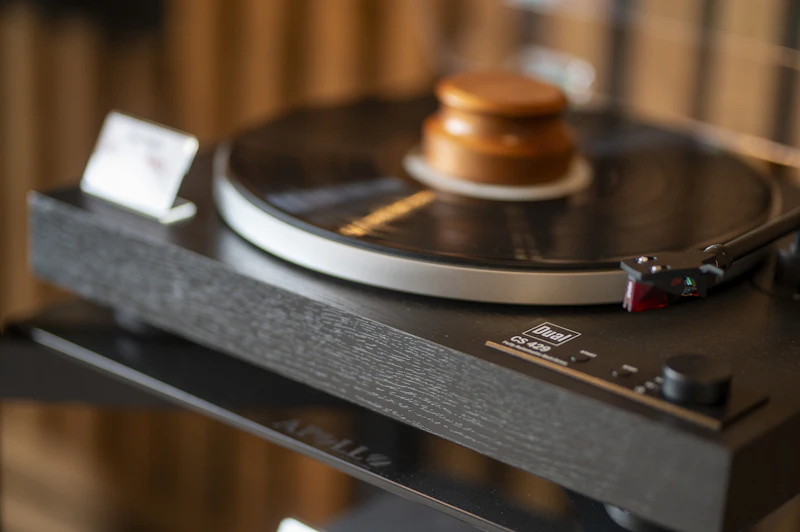 Vintage record player spinning vinyl