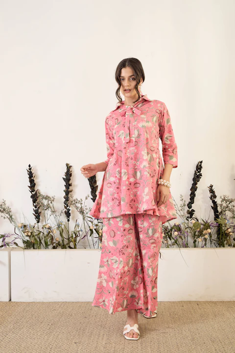 Tie-Neck Floral Kurta, Blush Pink