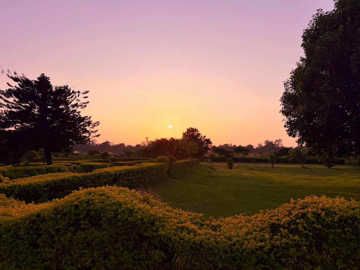 Jardim principal da Vila Horizonte ao entardecer