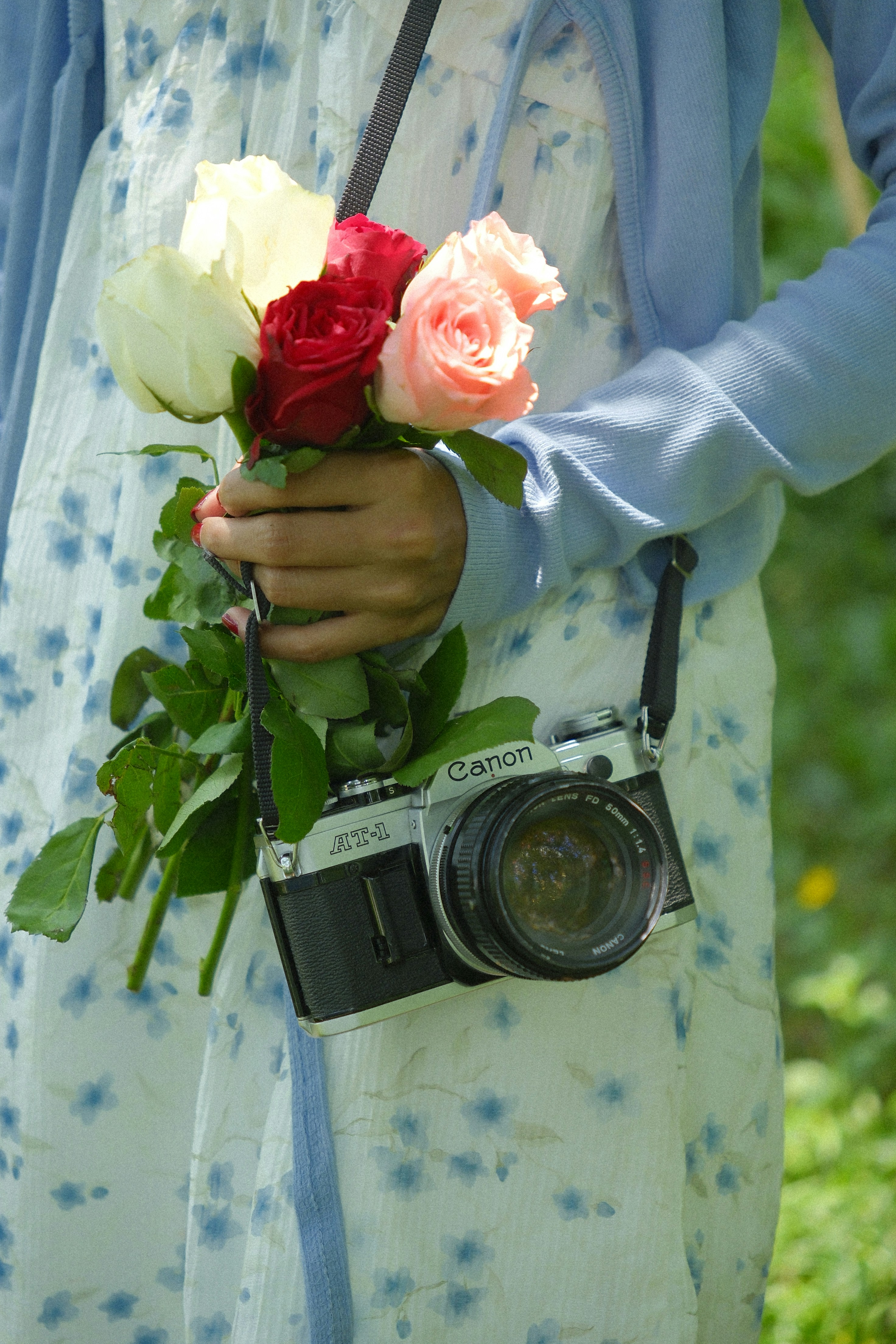 Person holding roses and vintage camera