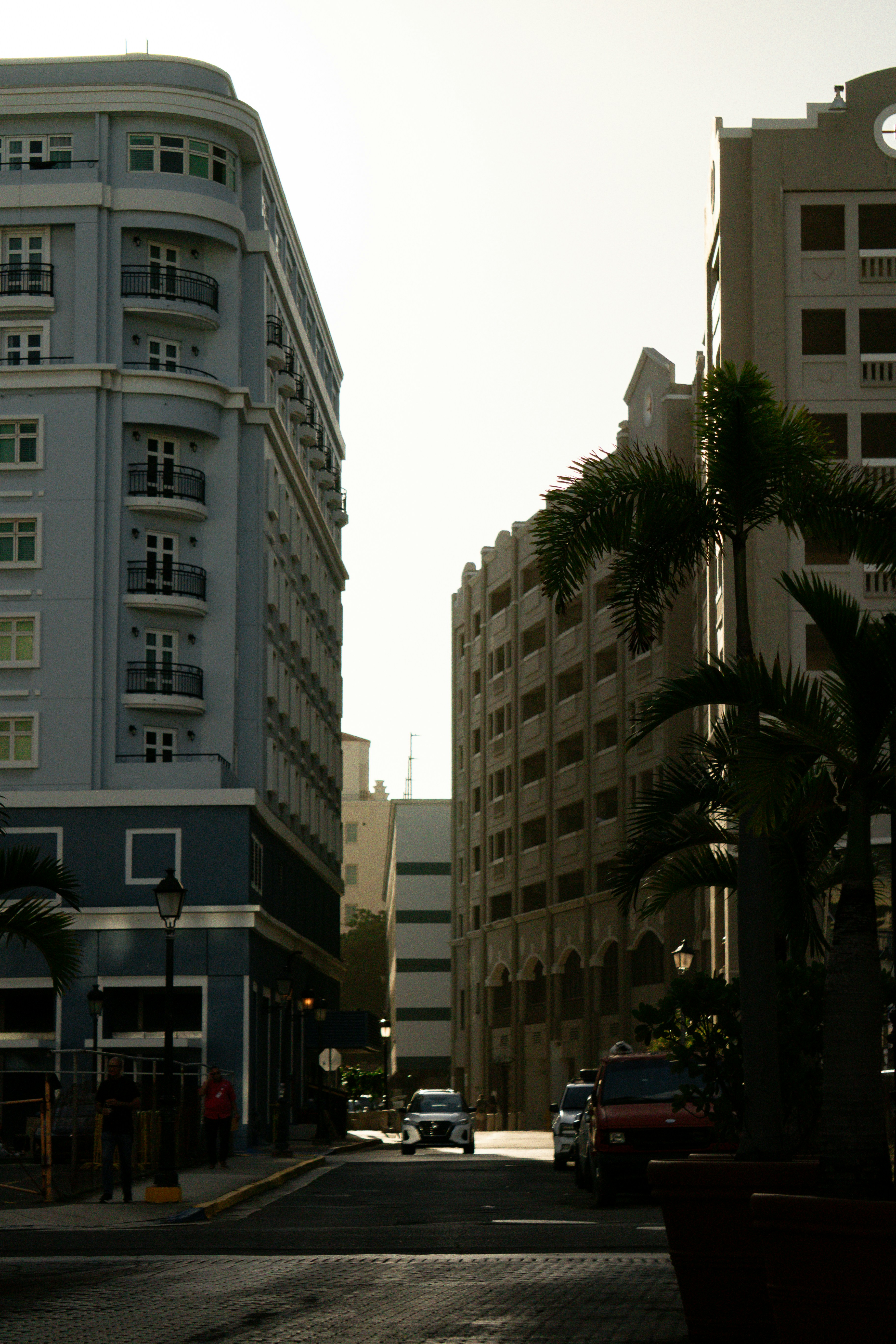 Vista da rua entre edifícios antigos com palmeiras.