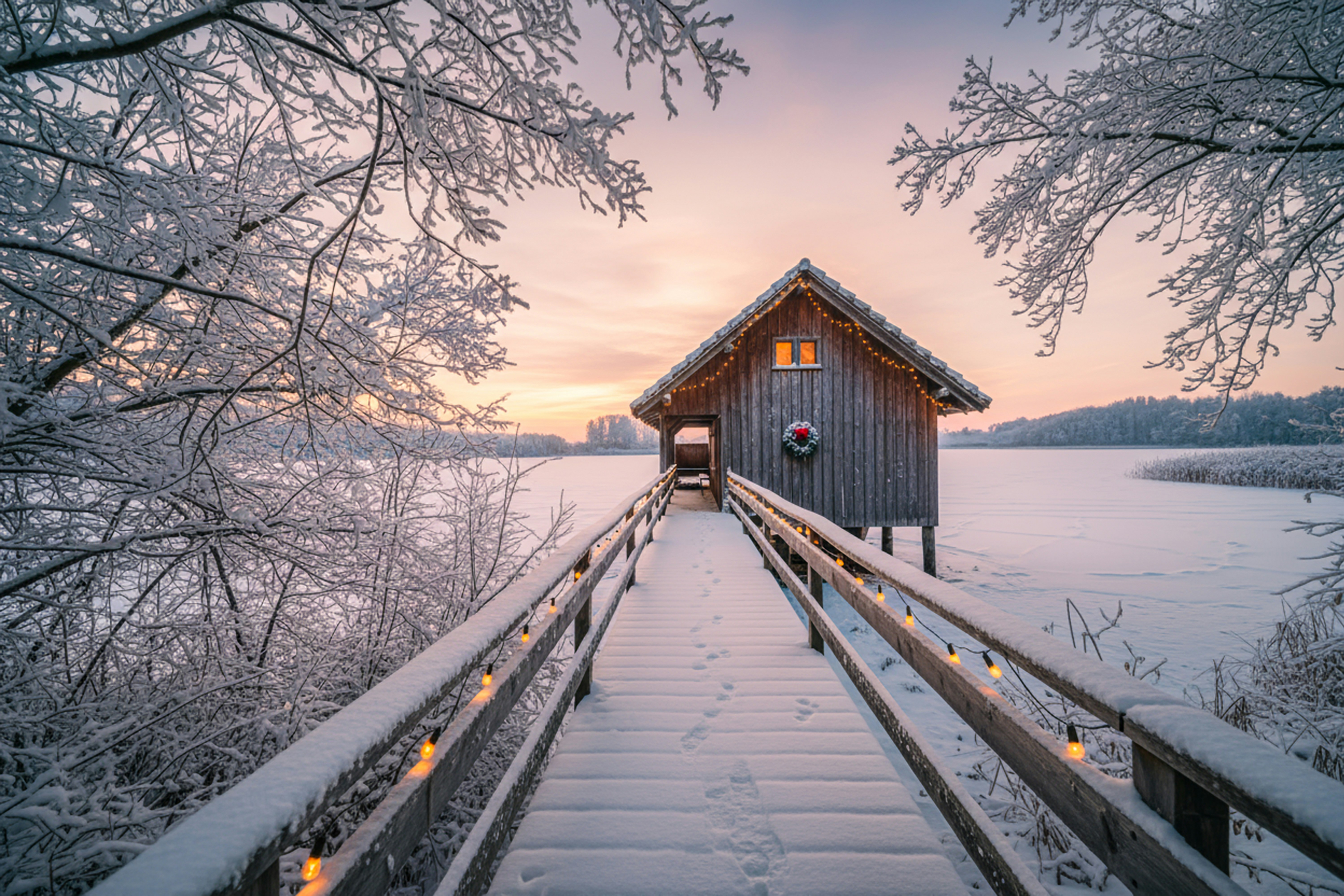 Wooden boathouse on a frozen lake at sunset.