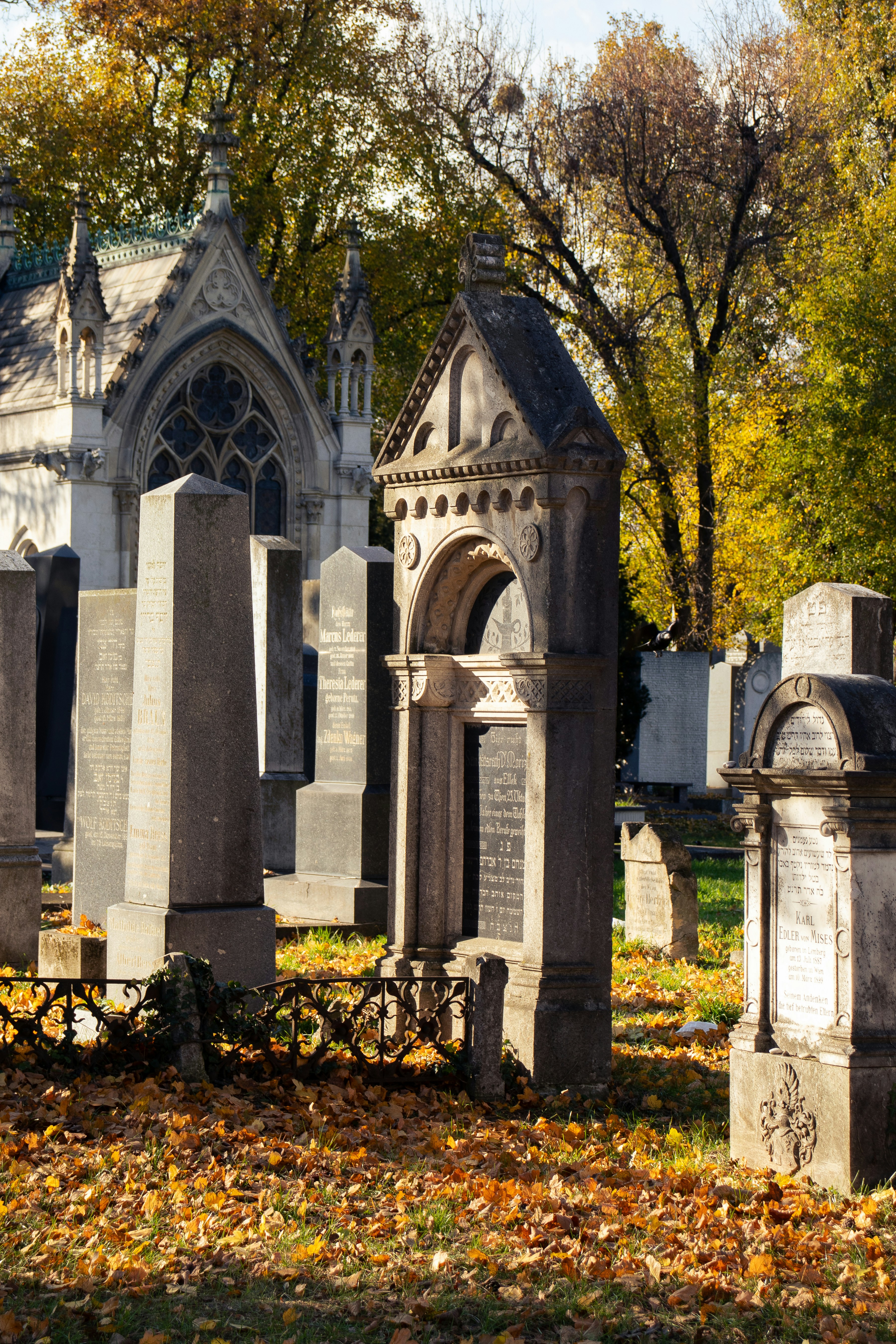 Old tombstones in a cemetery with autumn leaves